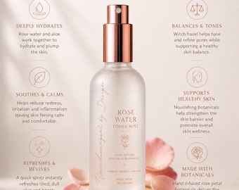 Spray tonificante all'acqua di rose / Spray idratante per il viso / Aloe e amamelide / Cura della pelle naturale / Pelle sensibile / Bellezza pulita