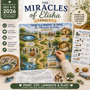 May include: An interactive Bible lesson kit titled The Miracles of Elisha, featuring a large illustrated board with Velcro spots, 24 cut-out pieces, a teacher guide, and a coloring page. The set depicts scenes from 2 Kings 2-7 for children.