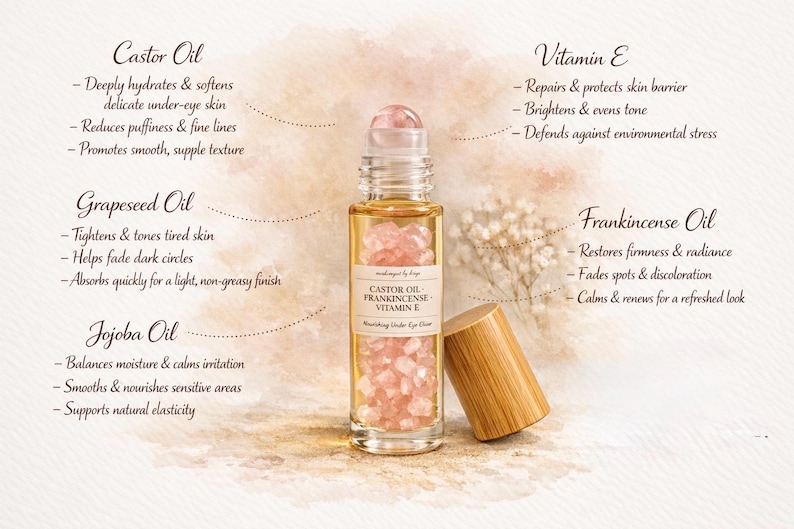 Rose Quartz Under Eye Roller | Castor Oil Frankincense Serum for Puffiness, Dark Circles image 3
