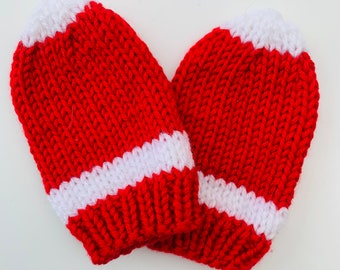 Hand knitted baby mittens red & white stripe 0-6 months