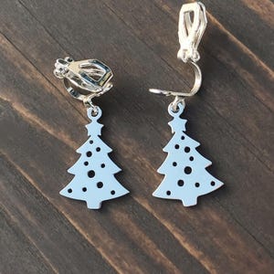Clip on Christmas tree earrings, Xmas jewelry, Silver stainless steel dangle earrings, Festive winter jewelry, Stocking gift present