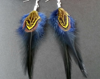 Real feather earrings blue black yellow Boho gothic jewelry, Dangle clip on earrings hoops, Silver rustic natural Womens men quirky Gift Her