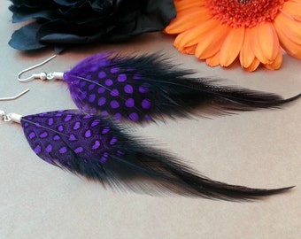 Black feather earrings, Long real feather earrings, Purple spots Women dangle raven earrings Silver gothic jewelry, Hoops hooks or clip ons