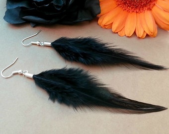 Black feather earrings Long soft real feather earrings Gothic jewelry Witchy women vampire dangle funky quirky earrings men Silver Gift idea