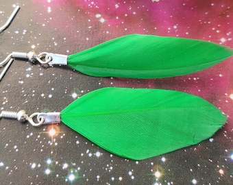 Real green feather earrings Natural funky boho jewelry Women Gift for her Silver small little dangle weird quirky clip on earrings or hoops