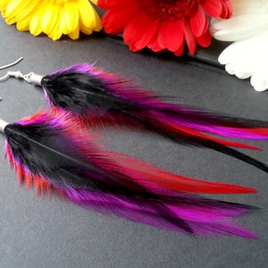 Real Feather Dangle Earrings: Black Purple Red Boho Gothic Jewelry