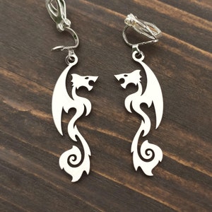 Hoops or clip on dragon earrings, Tribal fire dragon symbol jewelry, Stainless steel, Magical fantasy lover Dragon master warrior, Gift idea