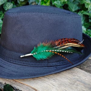 Hoedpin lang veren, gestreepte echte verenbroche, funky eigenzinnige hippiehoedaccessoire, boho kleurrijk cadeau voor hem of haar, groenbruin