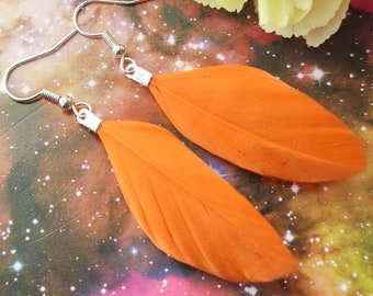 Orange real feather earrings Little quirky boho jewelry Womens small colorful funky earrings silver, Gift for her Clip on earrings or hoops
