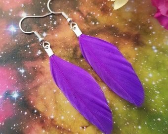 Small real feather earrings Dark purple funky earrings Silver boho dangle earrings quirky jewelry Gift idea Clip on earrings hoops or hooks