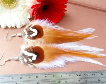 Real feather earrings Long brown white feather earrings Boho jewelry Silver womens dangle rustic clip on earrings hoops hooks Gift for her