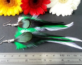 Real feather earrings Long white black gothic jewelry, Green feather earrings, Gift her him, Dangle silver clip on earrings hoops or hooks