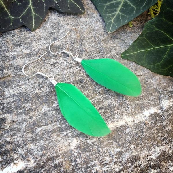 Real green feather earrings Small funky light green boho jewelry Womens dangle silver quirky earrings Gift for her Clip on earrings or hoops