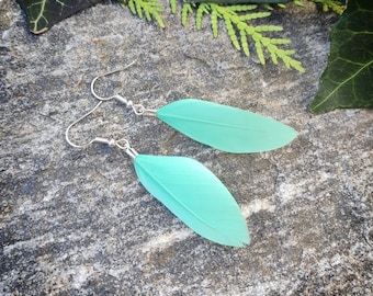 Mint green real feather earrings Funky boho jewelry Fairycore cottagecore Gold silver dangle quirky clip on earrings hoops hooks Seafoam