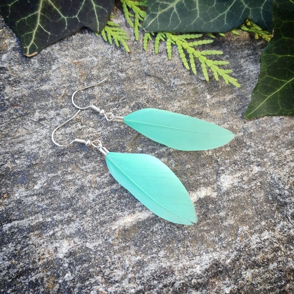 Mint green real feather earrings Funky boho jewelry Fairycore cottagecore Gold silver dangle quirky clip on earrings hoops hooks Seafoam