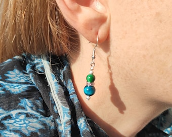 Tigers Eye Earrings Sterling Silver Gemstone Earrings with Beads Boho Jewelry Green Blue Dangle Earrings Turquoise Teal Funky Quirky Artsy