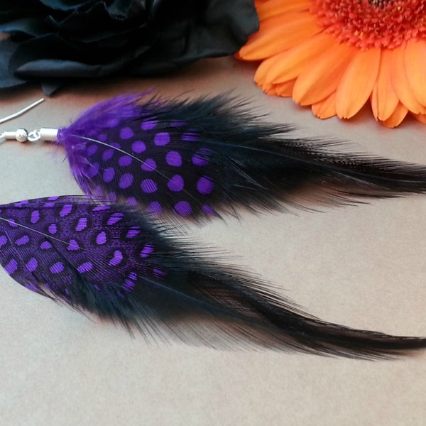 Black feather earrings, Long real feather earrings, Purple spots Women dangle raven earrings Silver gothic jewelry, Hoops hooks or clip ons