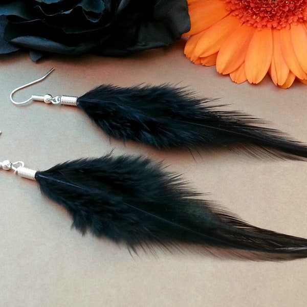 Black feather earrings Long soft real feather earrings Gothic jewelry Witchy women vampire dangle funky quirky earrings men Silver Gift idea