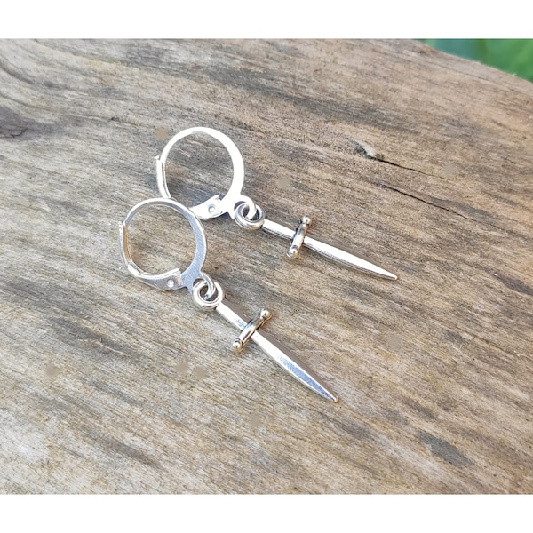 Little silver dagger earrings, Medieval weapon jewelry, Gothic blade sword earrings witchy Women or men dangle knife earrings Hoops clip-ons