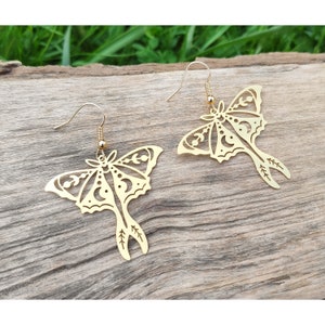 Stainless steel luna moth earrings, Gold bug witchy earrings Boho moon funky jewelry Large cute nature fairy butterfly earrings Gift for her