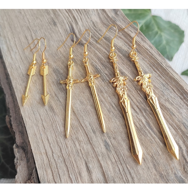 Gold sword earrings, Medieval knight weapon, viking jewelry, Long blade dagger arrow earrings, Women or men dangle knife earrings Gift idea