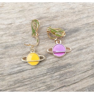 Mismatched Saturn earrings, Gold planet earrings, Cool space earrings, Novelty jewelry, Nerdy quirky funky science, hoops hooks or clip-ons