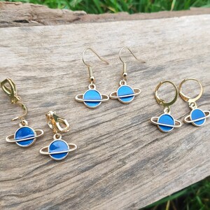 Blue Saturn earrings, Gold planet earrings, Cool space earrings, Cute novelty jewelry, Nerdy quirky funky science, hoops hooks or clip-ons