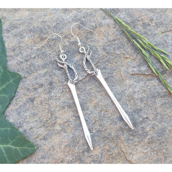 Silver rapier sword earrings, Long blade dagger earrings, cool medieval weapon jewelry, Quirky women or men dangle knife earrings Gift idea