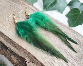 Real green feather earrings Long boho dangle funky earrings, Silver gold quirky jewelry, Forest green sage jade, Hoops or clip on earrings