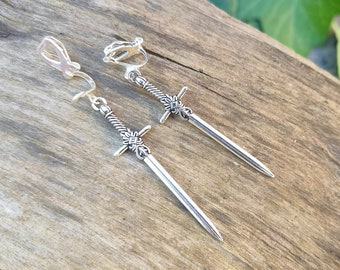 Clip-on sword earrings, Medieval weapon jewelry, Witchy women or mens long silver dangle gothic dagger earrings, Viking knife, Gift idea