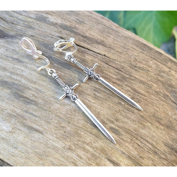 Clip-on sword earrings, Medieval weapon jewelry, Witchy women or mens long silver dangle gothic dagger earrings, Viking knife, Gift idea