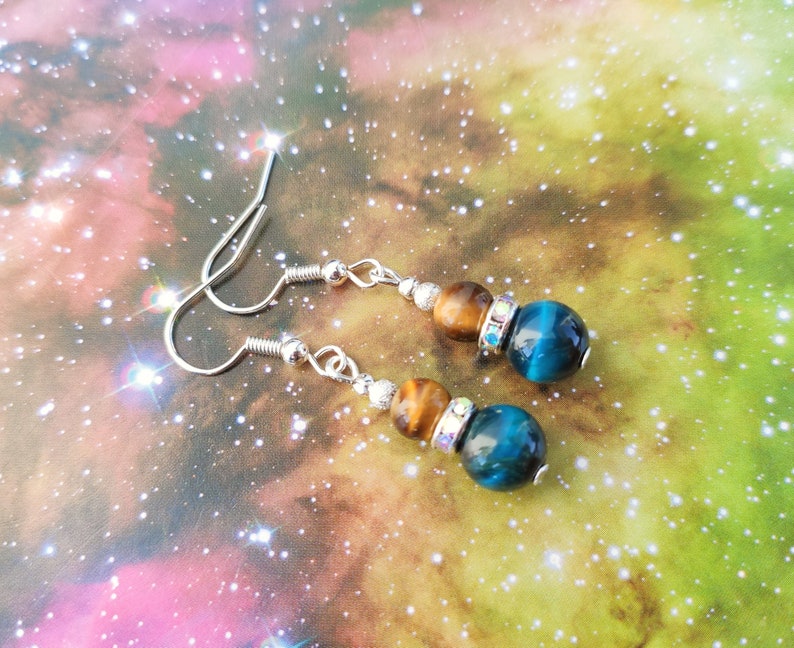 Tigers Eye Earrings 925 Silver Natural Gemstone Boho Jewelry Gold Blue Turquoise Round Beads Colourful Dangle