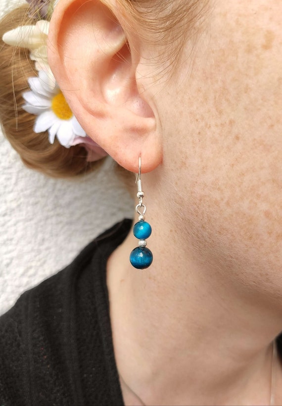 Tigers Eye Earrings Sterling Silver Turquoise Blue 925 Earrings With Stones Teal Gemstone Boho Jewelry Bead Dangle Earrings Quirky Funky Etsy UK