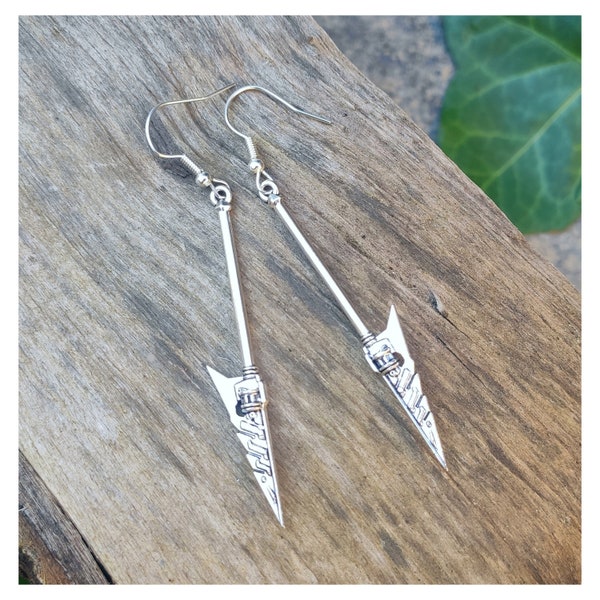 Clip-ons, hoops or hooks, Long battle mace sword earrings Spear weapon jewelry Gothic axe dagger earrings Silver arrow dangle knife earrings