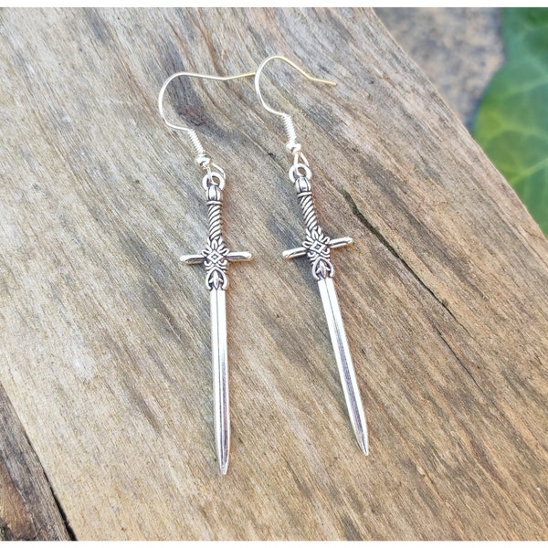Long silver sword earrings, Medieval weapon viking jewelry, Gothic blade dagger earrings witchy Women or men dangle knife earrings Gift idea