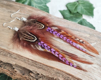 Real purple feather earrings, Long silver gold funky boho jewelry, Dangle colorful quirky earrings, Stripy grizzly Hoops or clip on earrings