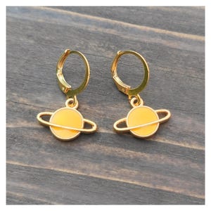 Yellow Saturn earrings, Gold planet earrings, Cool space earrings, Cute novelty jewelry, Nerdy quirky funky science, Hoops hooks or clip-ons