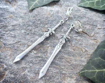 Clip-on sword earrings, Medieval weapon jewelry, Witchy women or mens long silver dangle gothic dagger earrings, Vampire knife, Gift idea