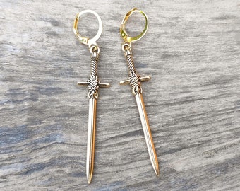 Long gold sword earrings, Fantasy space weapon jewelry Sci fi blade dagger earrings Quirky dangle knife earrings Hoops or clip ons Gift idea