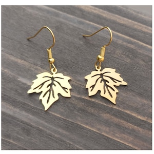 Stainless steel leaf earrings, Maple fall autumn oak leaves, Dainty boho quirky earrings, Gold funky jewelry Gift for her, Hoops or clip ons