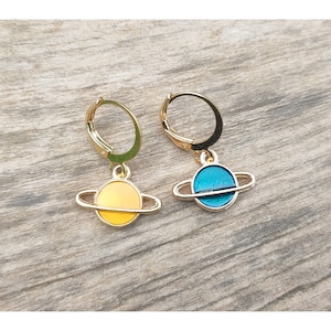 Mismatched Saturn earrings, Gold planet earrings, Cool space earrings, Novelty jewelry, Nerdy quirky funky science, hoops hooks or clip-ons