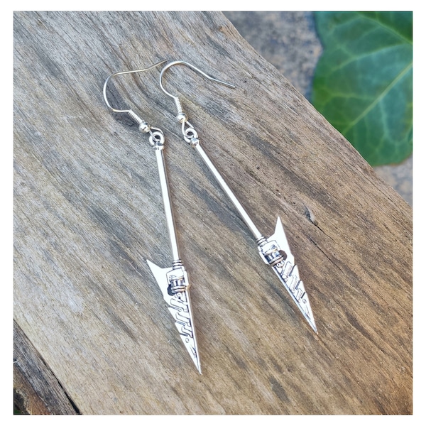 Long battle mace sword earrings, Medieval spear weapon jewelry, Gothic axe dagger earrings, Silver arrow Women or mens dangle knife earrings