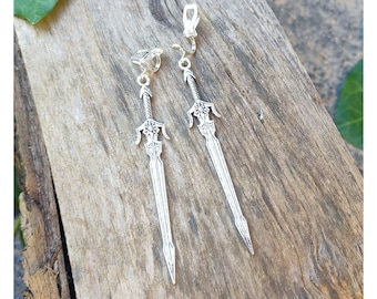 Hoops or clip-on sword earrings, Medieval weapon jewelry, Witchy women or mens long silver dangle gothic dagger earrings, Viking blade knife