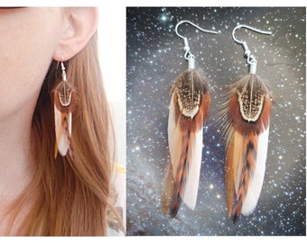 Peach real feather earrings Boho womens jewelry Funky quirky silver dangle earrings Little brown clip on earrings or hoops Gift for her