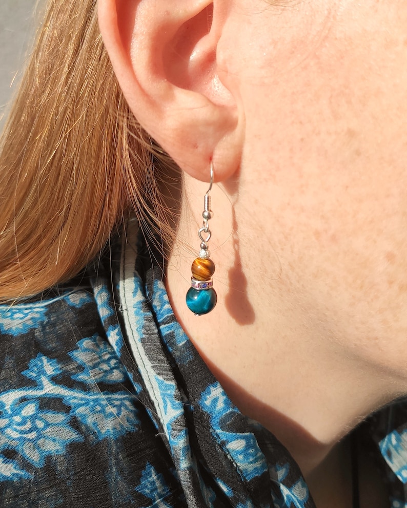 Tigers Eye Earrings 925 Silver Natural Gemstone Boho Jewelry Gold Blue Turquoise Round Beads Colourful Dangle