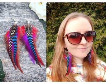 Real feather earrings, Quirky colorful & funky bohemian jewelry Blue purple red brown Long unique clip on earrings hooks or leverback hoops