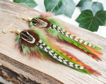 Real green feather earrings Long silver gold dangle womens quirky rustic Clip on earrings or hoops Funky boho jewelry Red brown Gift for her