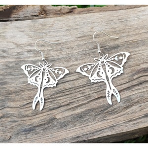 Stainless steel luna moth earrings, Silver bug witchy earrings, Boho quirky moon funky jewelry, Large dangle butterfly earrings Gift for her