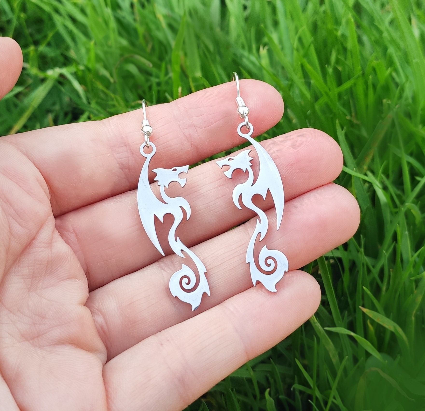 Hoops or Clip on Dragon Earrings, Tribal Fire Dragon Symbol