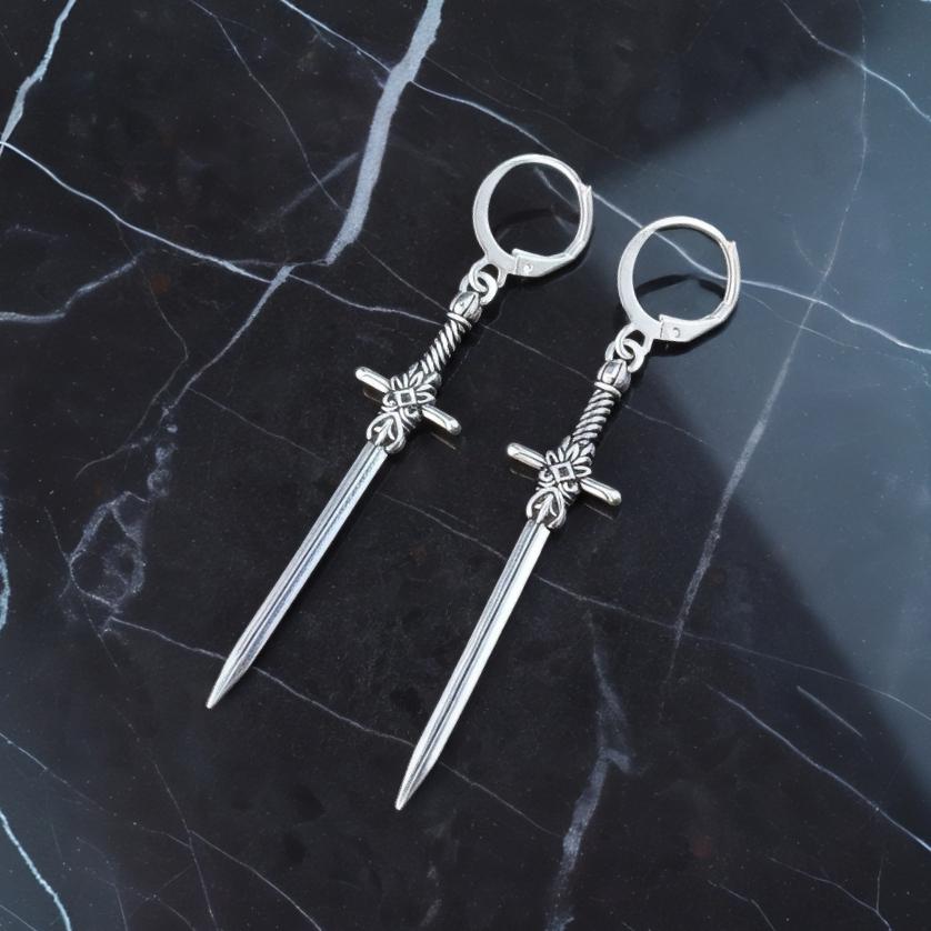 Orecchini A Clip Tibetani Con Pendenti A Coltello/spada In Argento Etnico - Nuovi